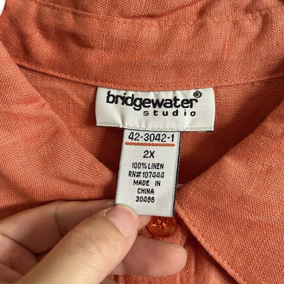 Bridgewater Studios 100% Linen Top Womens 2X Orange Shirt Button Up Long Sleeves - Picture 3 of 8